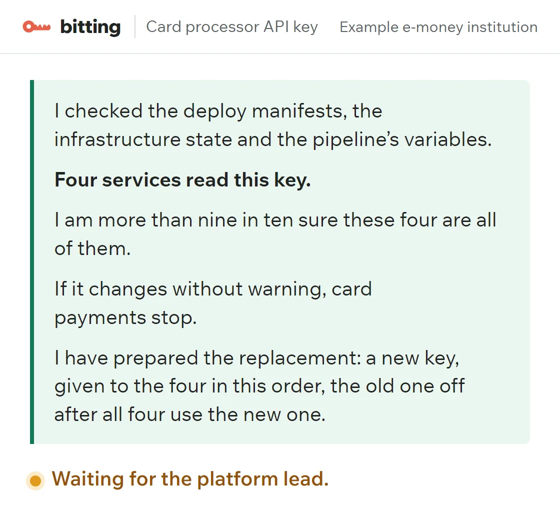 The model's working: four services read this key, card payments stop if it changes without warning, replacement prepared, waiting for the platform lead.
