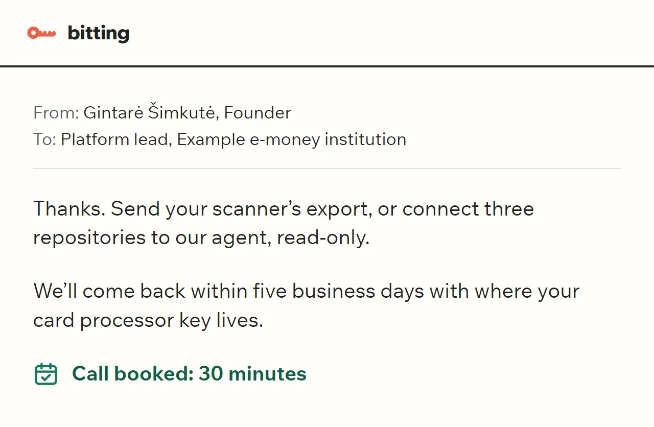 The first reply, from Gintarė Šimkutė, Founder: send your scanner's export or connect three repositories to our agent, read-only. Call booked: 30 minutes.