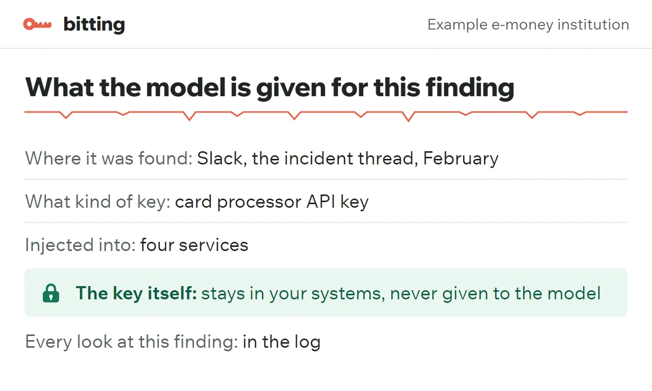 What the model gets for one finding: where found, the kind of key, the four services it is injected into; the key stays in your systems; every look logged.